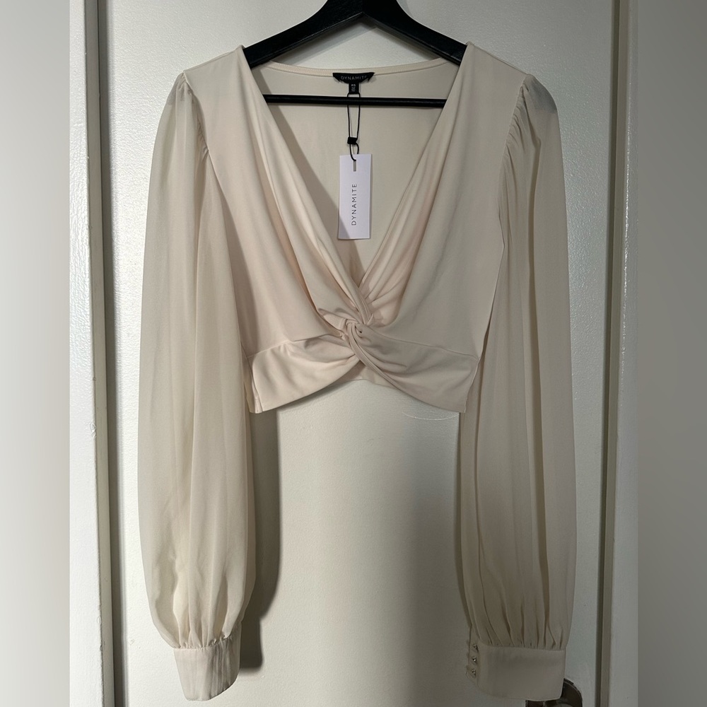 Skatie Cream Twist-Front Long Sleeve Blouse